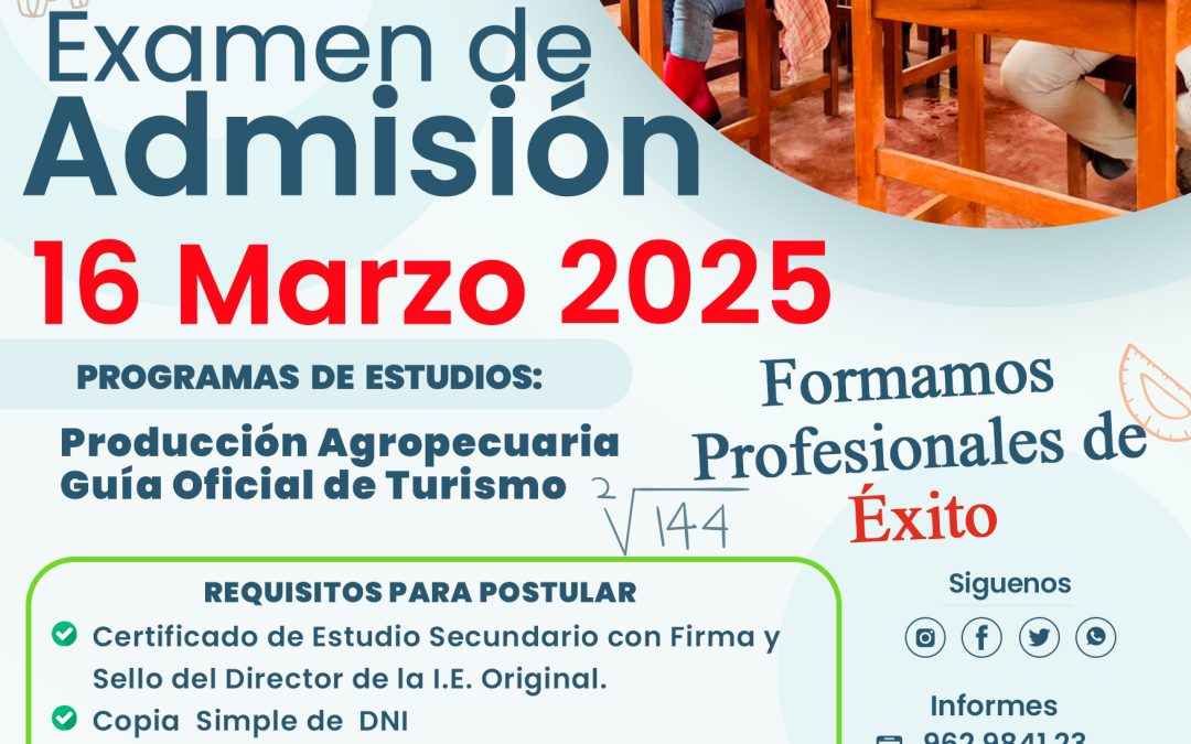 INSTITUTO DE EDUCACIÓN SUPERIOR TECNOLÓGICO PÚBLICO «EL MILAGRO» –  REALIZARÁ EXAMEN DE ADMISIÓN 2025 EL 16 DE MARZO. INSCRIPCIONES ABIERTAS DESDE EL 15 DE DICIEMBRE DE 2024, TENEMOS 2 PUNTOS DE INSCRIPCIÓN Y VENTA DE PROSPECTO DE ADMISIÓN 2025, EN EL COLEGIO FE Y ALEGRÍA N° 46, FRENTE AL GRIFO PETROPERU A UNA CUADRA DE LA PLAZA QUIÑONEZ, EN EL HORARIO DE LUNES A VIERNES DE 8:00 A.M. – 12:00 P.M. TAMBIÉN EL EN IESTP EL MILAGRO, KM. 21 CARRETERA IQUITOS-NAUTA EN EL HORARIO DE LUNES A VIENES DE 8 A.M. – 1:00 P.M. NOS PUEDEN CONTACTAR A LOS SIGUIENTES NÚMEROS: 962 984 123 – 931 564 952, AL CORREO admision@iestpfeyalegria47.edu.pe.